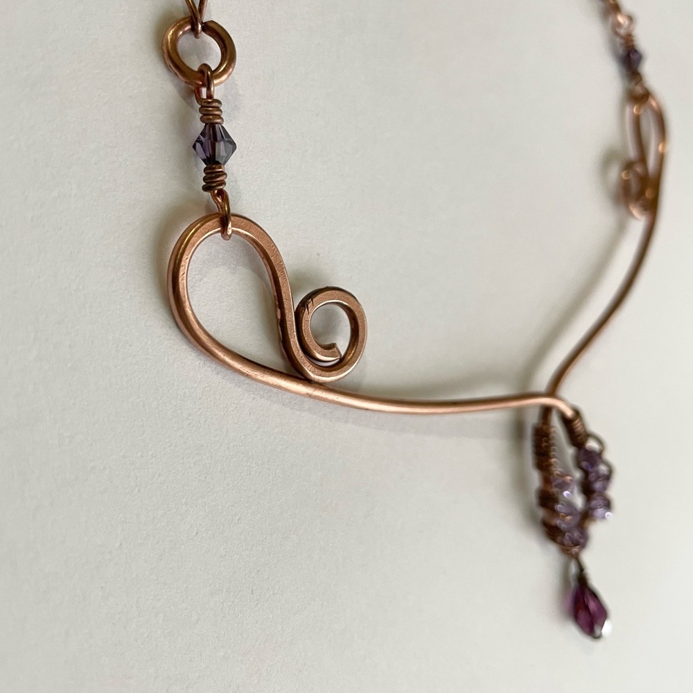 Copper Scroll Necklace Beaded Plum and Lilac Crystals Elegant Rustic‎ Handmade - Picture 7 of 14
